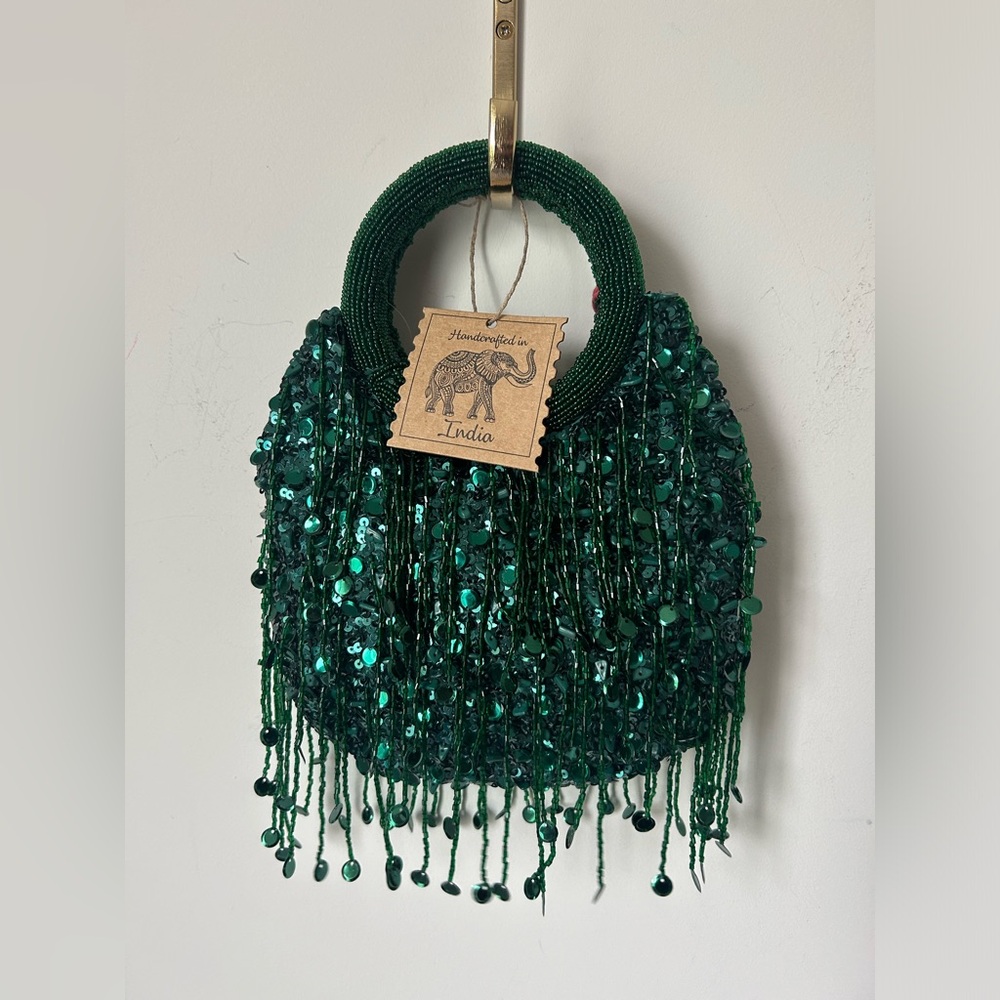 Viral Beaded Green Sequins Fringe Bag